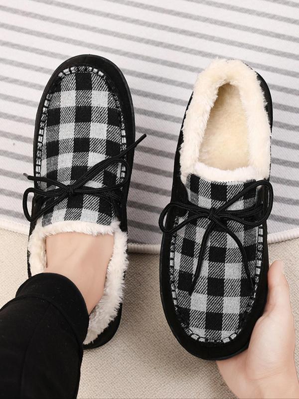 Men's Casual Plaid Pattern Contrast Faux Fur Lined Slippers, Casual Comfortable Home Slippers, Warm Loafers for Indoor & Outdoor Use for Fall & Winter