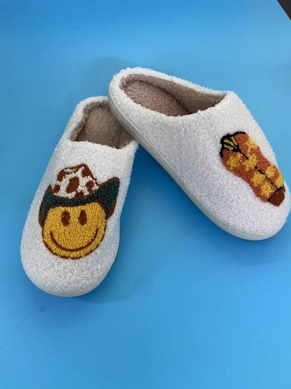 Women's Cartoon Smile Face & Boot Pattern Plush Slippers, Casual Soft Comfortable Home Slippers, Warm Slippers for Indoor & Outdoor Use for Fall & Winter