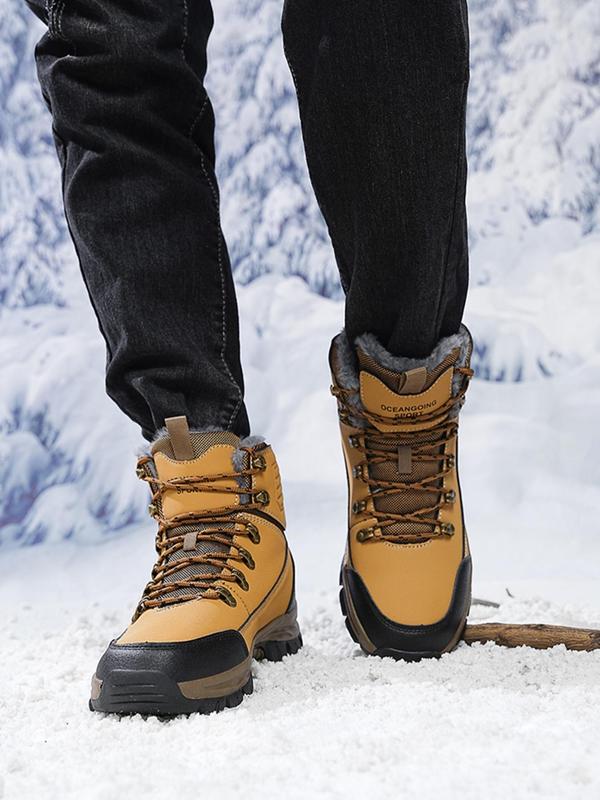 Men's Patchwork Lace Up Warm Snow Boots, Casual Outdoor Hiking Boots for Fall & Winter, Male All-match Round Toe Boots for Daily Wear