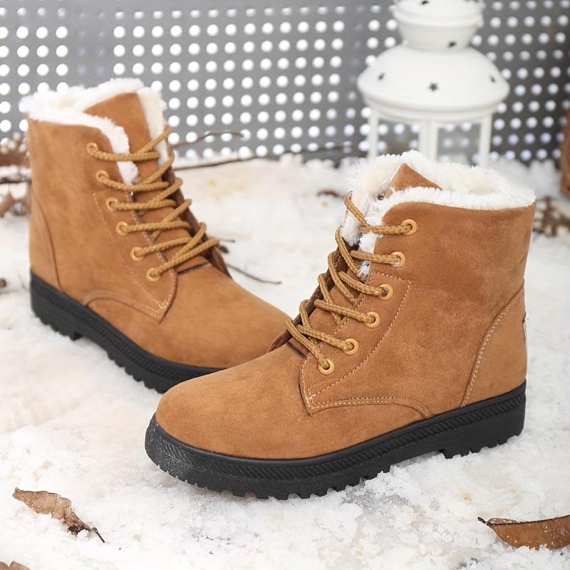 Women's Round Toe Lace Up Snow Boots, Plush Inner Thermal Platform Ankle Boots, Winter Non-slip Casual Mid Calf Boots Girl Shoe