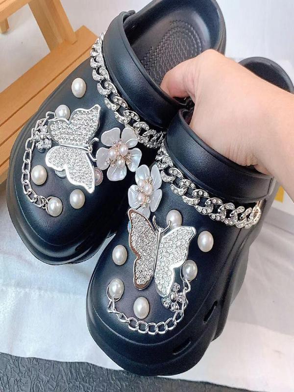 Faux Pearl & Rhinestone Decorated Shoe Charm, Cute Butterfly & Flower Design Shoe Decoration for Women's Clogs, Fashionable Shoes Decorations for Clogs