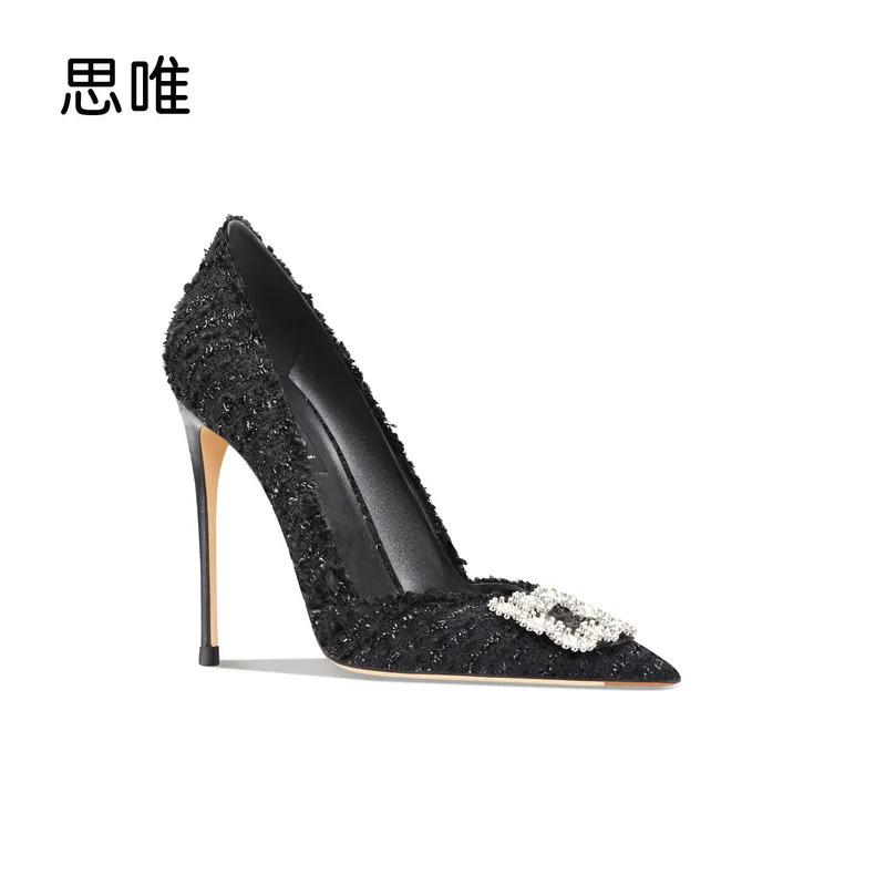 luxury women's shoes 2024 New Black Weave Rhinestones High Heels Shoes Woman Pumps Basic Crystal Diamond Buckle Fashion Party Se