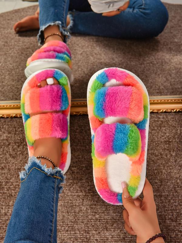 Women's Cute Colorful Fluffy House Slippers, Double Band Open Toe Slippers, Casual Soft Comfortable Home Slippers, Warm Slippers for Indoor & Outdoor Use for Fall & Winter