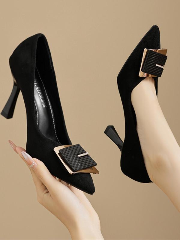 Women's Elegant Pointed Toe Square Buckle Decor Spool Heel Pumps, Trendy Minimalist High Heel Pumps, Fashionable Heels for Daily Wear