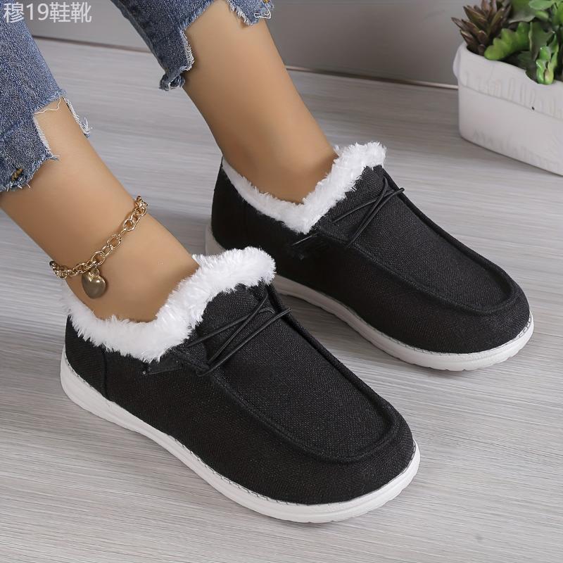 Women's Solid Color Fluffy Shoes Slip On Fleece Lining Flat Soft Sole Plush Shoes, Winter Warm Lightweight Canvas Shoes Footwear Walking Shoes