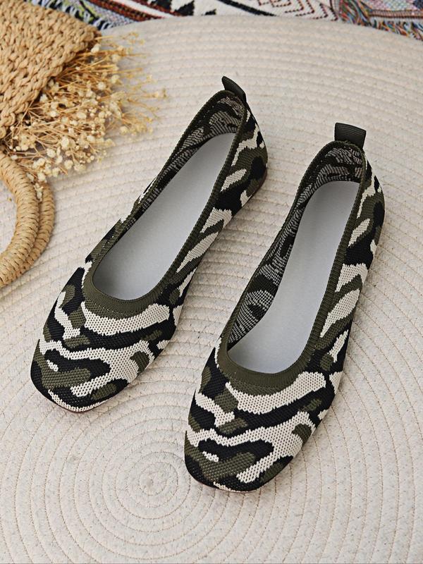 Women's Fashionable Camo Pattern Slip on Flats, Casual Comfortable Square Toe Flat Shoes for Daily Wear, Breathable Comfortable Shoes