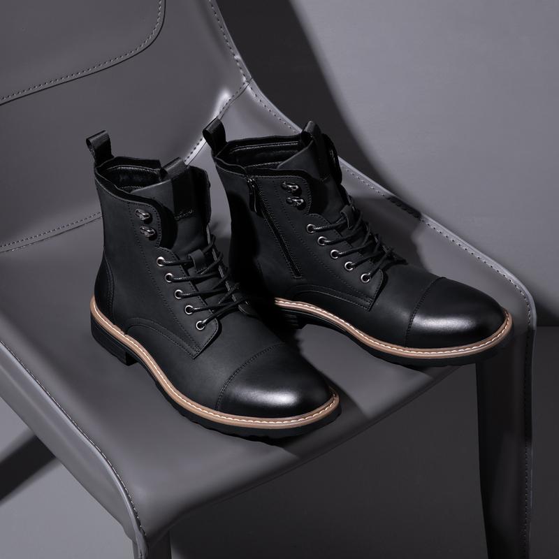 Mens Ankle Boots - Lace-up, Wear-resistant, Non Slip, PU Leather Uppers, Round Toe, TPR Sole, Fabric Inner, Casual, Fashion, Minimalist, All-season Boots for Outdoor Activities