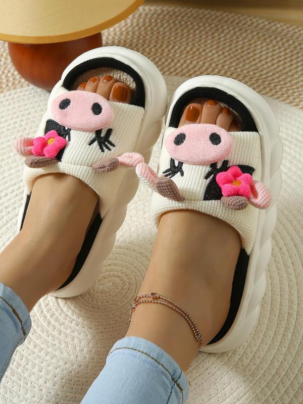 Women's Cute Cow Design Thick-soled Slippers, Casual Soft Comfortable Home Slippers, Warm House Shoes for Indoor & Outdoor Use for All Seasons