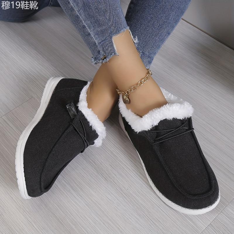 Women's Solid Color Fluffy Shoes Slip On Fleece Lining Flat Soft Sole Plush Shoes, Winter Warm Lightweight Canvas Shoes Footwear Walking Shoes