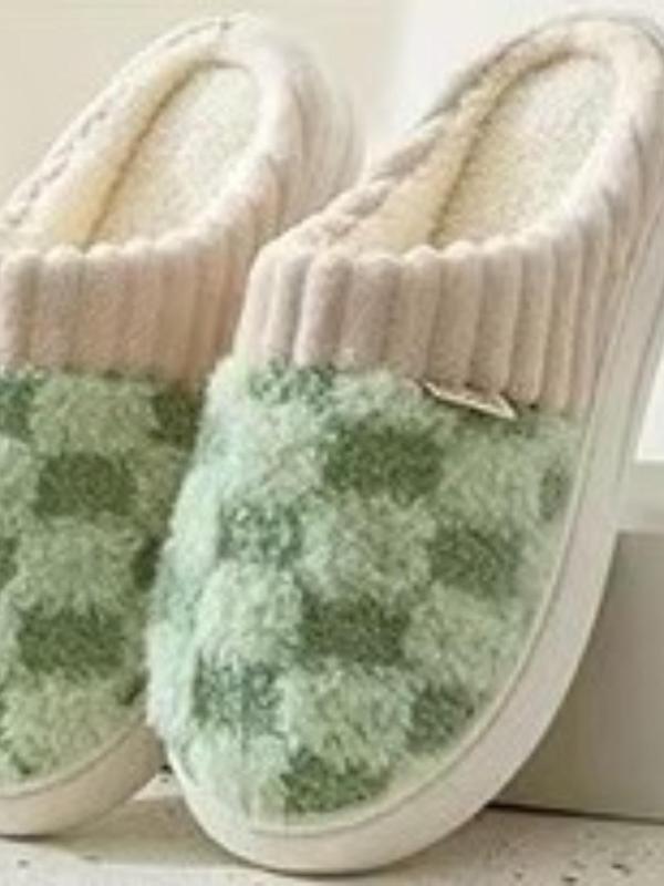 Women's Checked Pattern Plush Slippers, Casual Soft Comfortable Home Slippers for Fall & Winter, Fluffy Bedroom Slippers for Indoor and Outdoor