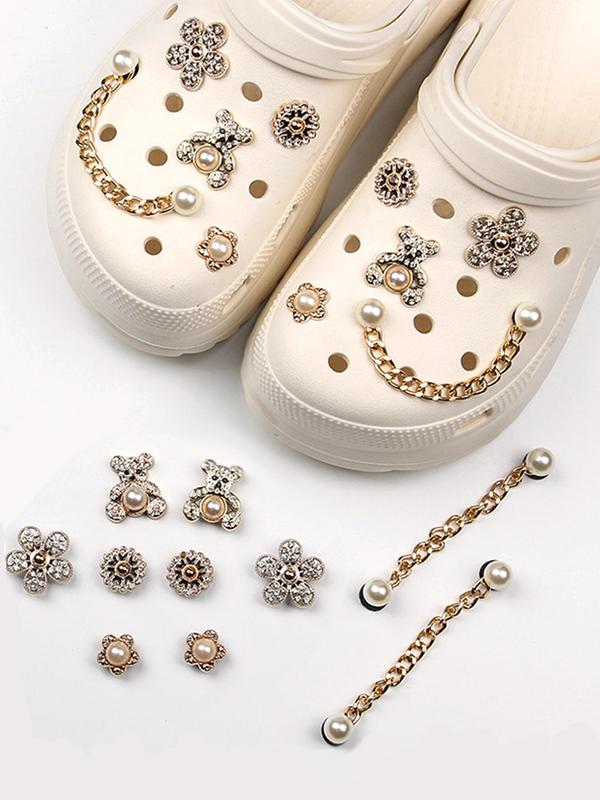 10pcs Cute Bear & Faux Pearl & Rhinestone Design Shoes Decorations, Fashionable Novelty Shoes Decorations For Clogs Design, Dazzling Glamour Trendy Holiday Shoe Accessories for women & girls