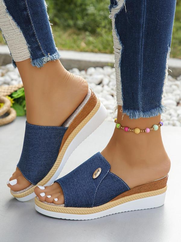 Women's Denim Slip on Wedge Sandals, Casual Comfortable Wedge Sandals for Summer, Lightweight Breathable Shoes for Daily Wear, Girl's Walking Shoes