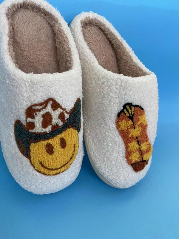 Women's Cartoon Smile Face & Boot Pattern Plush Slippers, Casual Soft Comfortable Home Slippers, Warm Slippers for Indoor & Outdoor Use for Fall & Winter