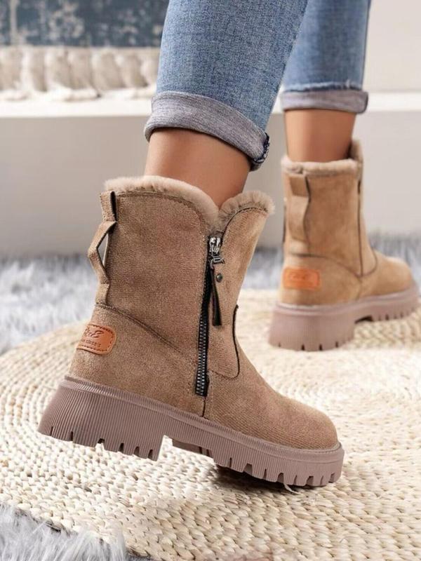 Women's Plain Side Zipper Design Thick Plush Snow Boots, Boots for Women, Comfortable Thermal Lined Boots for Fall & Winter Wear, Please Take One Size Larger