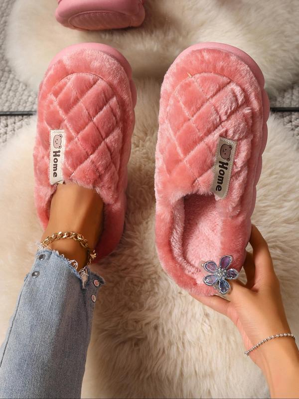 Women's Solid Color Quilted Plush Slippers, Casual Soft Comfortable Home Slippers, Warm Slippers for Indoor & Outdoor Use for Fall & Winter