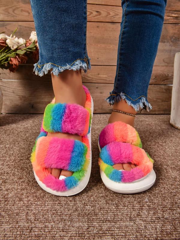 Women's Cute Colorful Fluffy House Slippers, Double Band Open Toe Slippers, Casual Soft Comfortable Home Slippers, Warm Slippers for Indoor & Outdoor Use for Fall & Winter