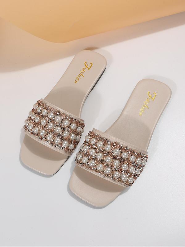 Women's Fashion Faux Pearl Decorated Slide Sandals, 2024 New Style Casual Comfortable Flat Sandals for Beach, Non-slip Slippers for Indoor & Outdoor Wear