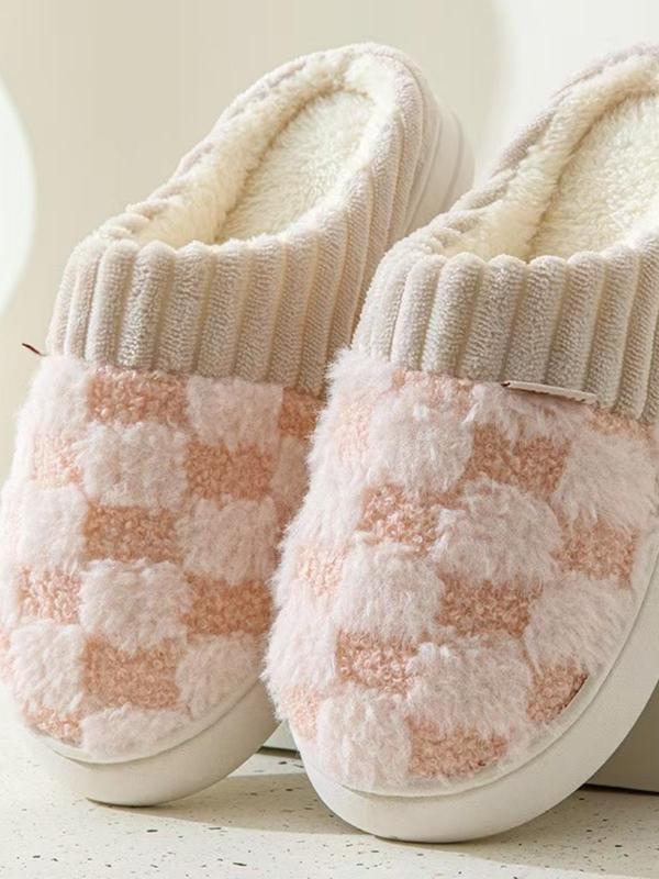 Women's Checked Pattern Plush Slippers, Casual Soft Comfortable Home Slippers for Fall & Winter, Fluffy Bedroom Slippers for Indoor and Outdoor