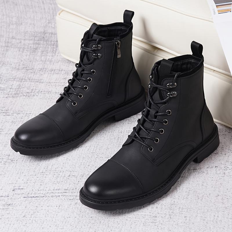 Mens Ankle Boots - Lace-up, Wear-resistant, Non Slip, PU Leather Uppers, Round Toe, TPR Sole, Fabric Inner, Casual, Fashion, Minimalist, All-season Boots for Outdoor Activities