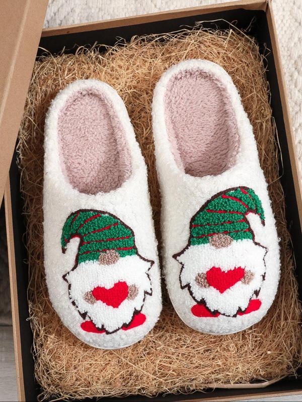 Women's Christmas Themed Santa Claus Pattern Plush Slippers, Teddy Faux Fur Comfortable Home Slippers, Warm Slippers for Indoor & Outdoor Use for Fall & Winter