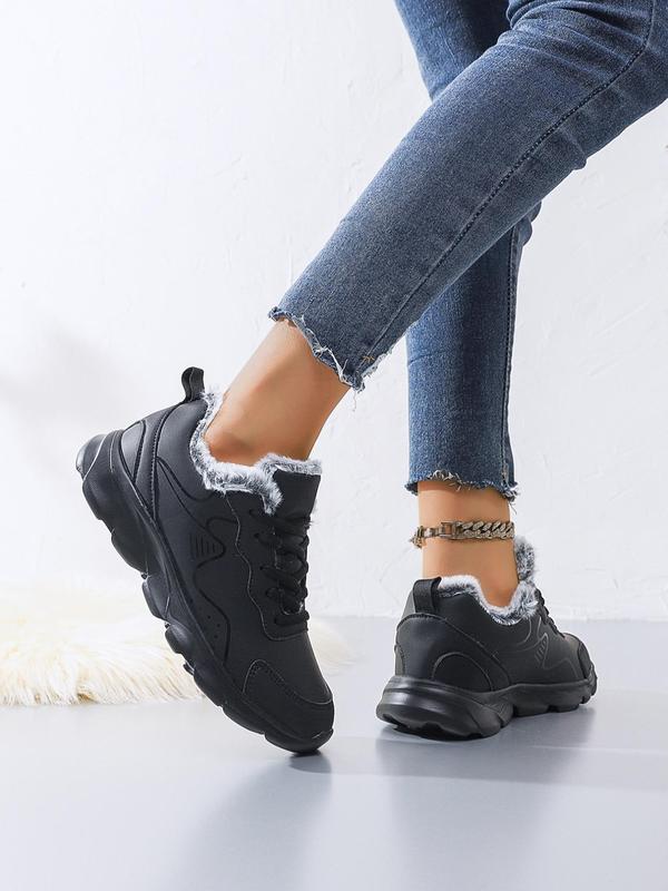 Women's Fashionable Faux Fur Lined Lace Up Low Top Sneakers, Casual Comfortable Warm Sports Shoes for Fall & Winter, Female All-match Round Toe Shoes for Daily Wear