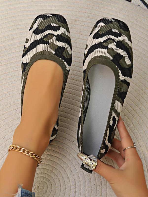 Women's Fashionable Camo Pattern Slip on Flats, Casual Comfortable Square Toe Flat Shoes for Daily Wear, Breathable Comfortable Shoes