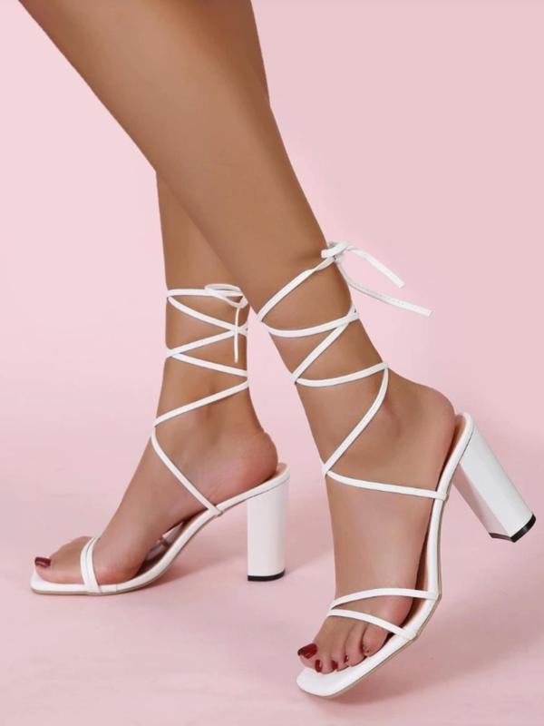 Women's Fashionable Plain Lace Up High Heel Sandals, Elegant Square Toe Sandals for Summer, Girl  Casual Comfort Versatile Walking Shoes for Women