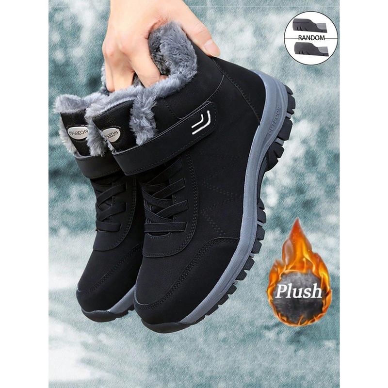 Autumn Winter Outdoor High-Top Shoes, Fur-Lined Snow Boots, Casual Unisex Couples Style, Cross-Border Waterproof Leather Shoes, Anti-Slip Plush Winter Shoes For Middle-Aged & Elderly