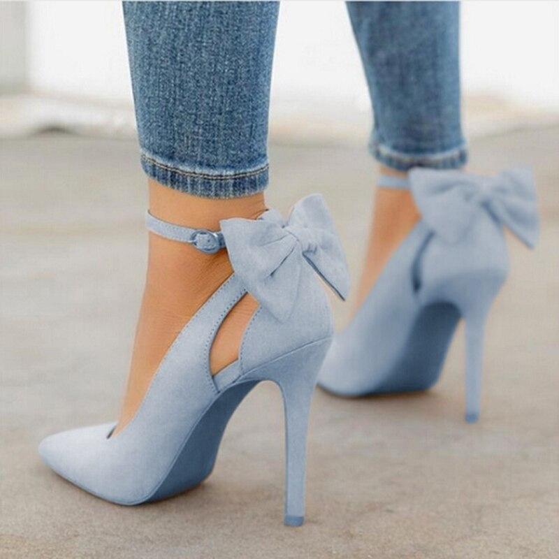 New Sweet Bow Pointed Toe Low-Cut Shoes Stiletto Heels Wish Foreign Trade Shoes 40-43 Large Size Shoes