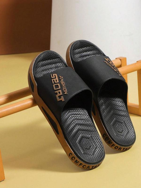 Men's Casual Letters Print Non-slip Slides, Comfortable Outdoor Slippers, Soft Colorblock Slippers for Indoor Outdoor Beach Shower, All-match Commuter Shoes for Work & Daily Wear