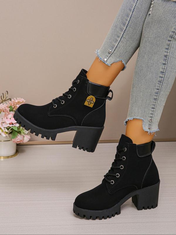 Women's Fashionable Solid Color Lace Up Ankle Boots, Casual Comfortable Warm Thick Sole Boots for Fall & Winter, Female All-match Trendy Shoes for Daily Wear