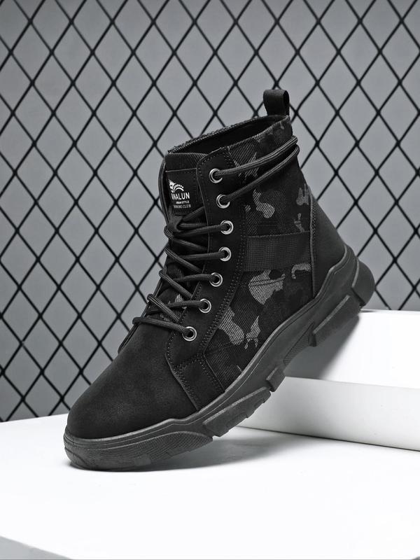 Men's Fashion Camo Print Lace Up Mid-calf Boots, Casual Comfortable Soft Sole Boots for Outdoor Sports, Male All-match Trendy Shoes for Daily Wear Lazy Boy