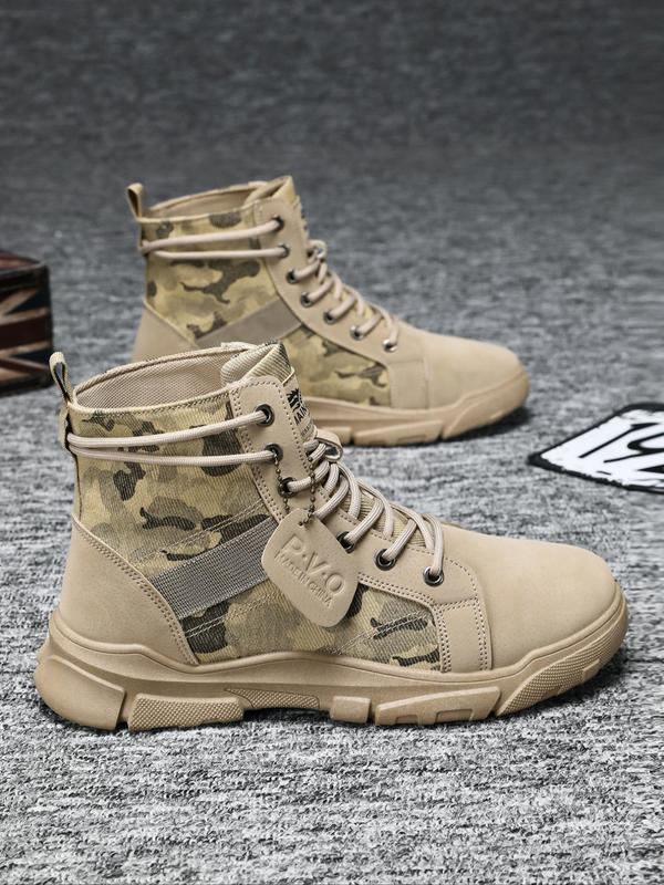 Men's Fashion Camo Print Lace Up Mid-calf Boots, Casual Comfortable Soft Sole Boots for Outdoor Sports, Male All-match Trendy Shoes for Daily Wear Lazy Boy