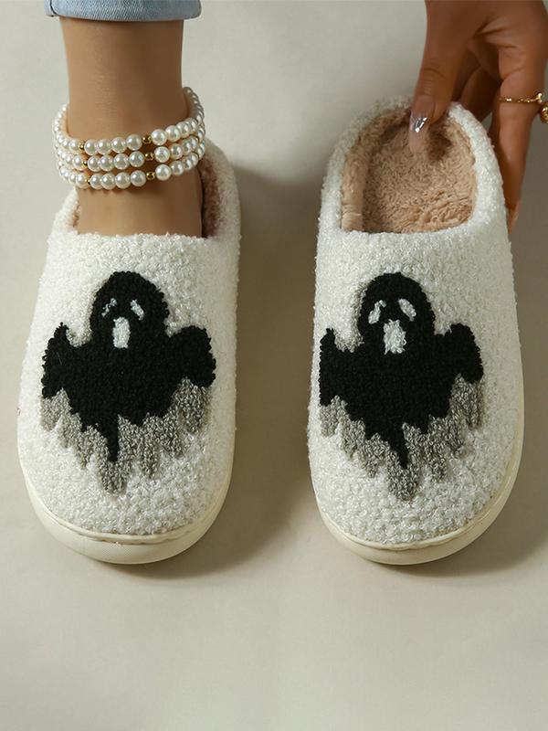 Women's 2024 Cute Cartoon Ghost Print Plush Slippers, Soft Comfortable Home Slippers, Warm Slippers for Indoor & Outdoor Use for Gifts, Back To School, Fall Outfits, Fall Freshness