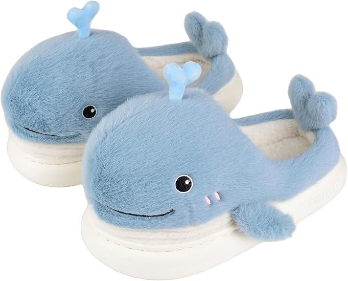 XIXITIAO Cute Fluffy Whale Slippers for Women Men,Cartoon Animal Cotton Plush Home Shoes, Fall & Winter Cozy Warm Bedroom Household Slides Indoor and Outdoor, Designer Slides