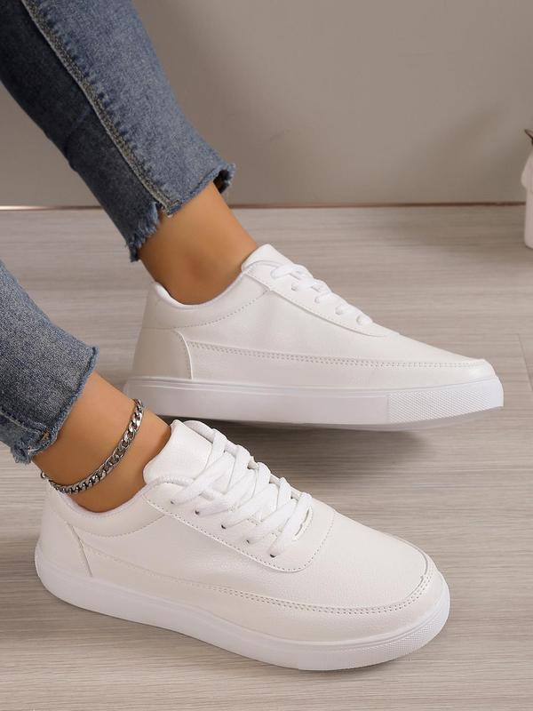 Women's 1 Pair Minimalist Casual Solid Color Skate Shoes, Simple Design Plain Lace up Pu Leather Flat Shoes, Leisure Style Lightweight Skate Shoes for Daily Wear