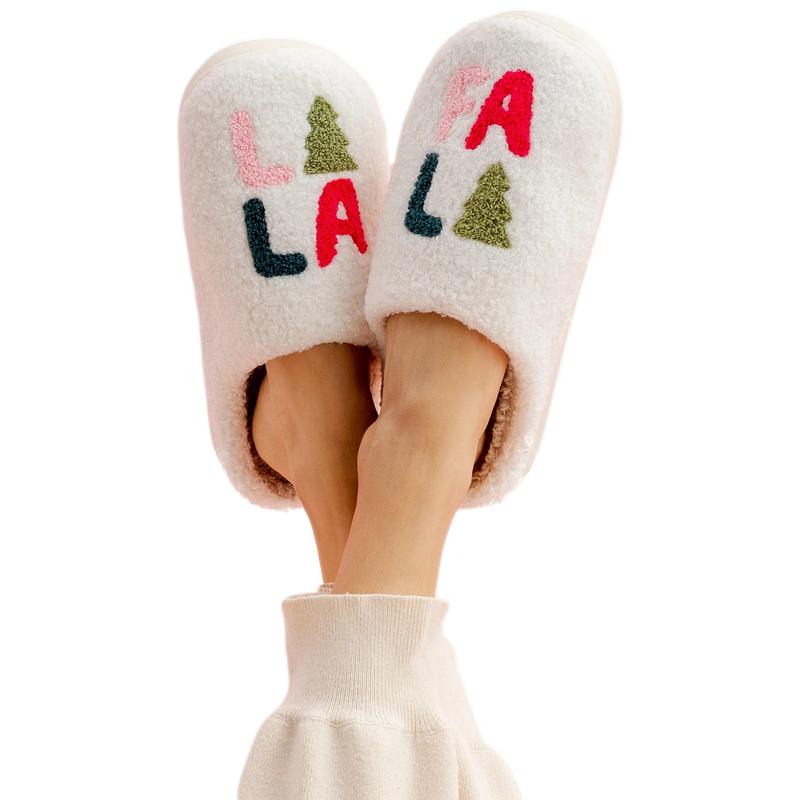 PacificPlex Womens Christmas Holiday Winter Santa Slippers FA LA LA String Lights Retro Plush Warm Slip-on Happy Face Smiley christmas slipper Women's Plush flat slipper