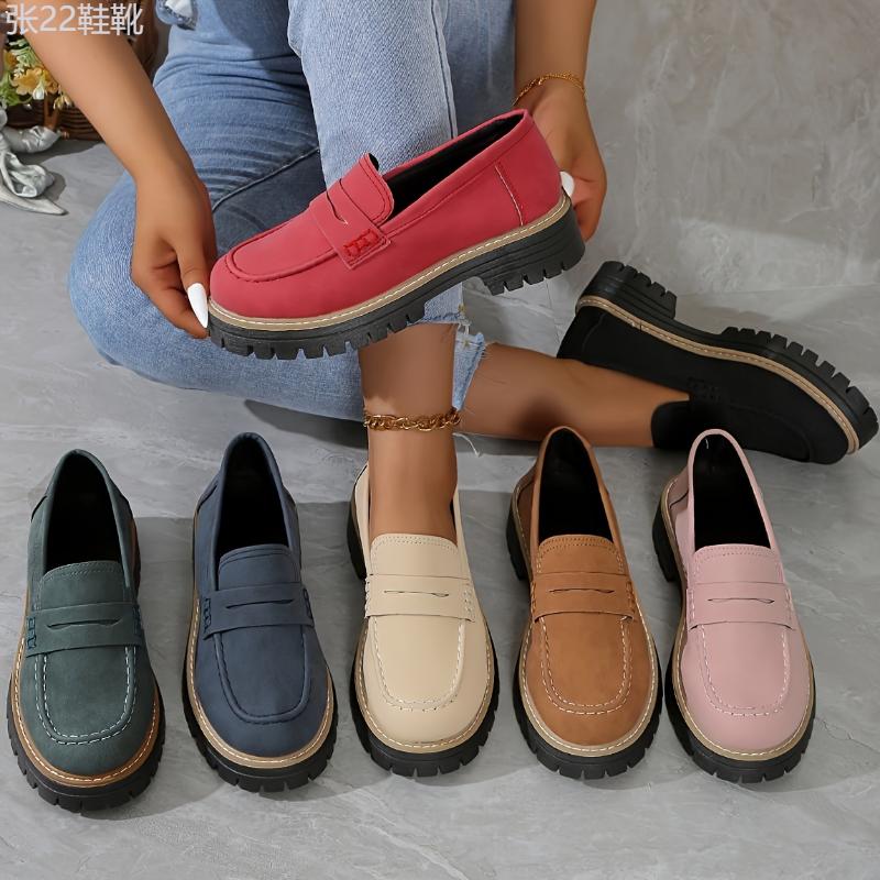 Women's Solid Color Chunky Heel Loafers, Fashion Preppy Style Dress Shoes, Comfortable Slip On Shoes Footwear Girl