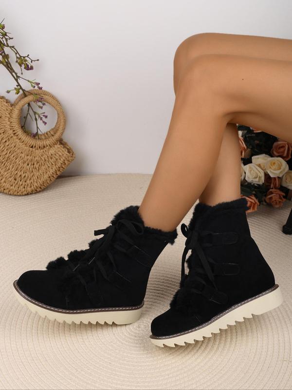 Women's Solid Color Fluffy Lined Snow Boots, Casual Comfortable Ankle Boots for Fall & Winter, Flat Shoes for Women & Girls