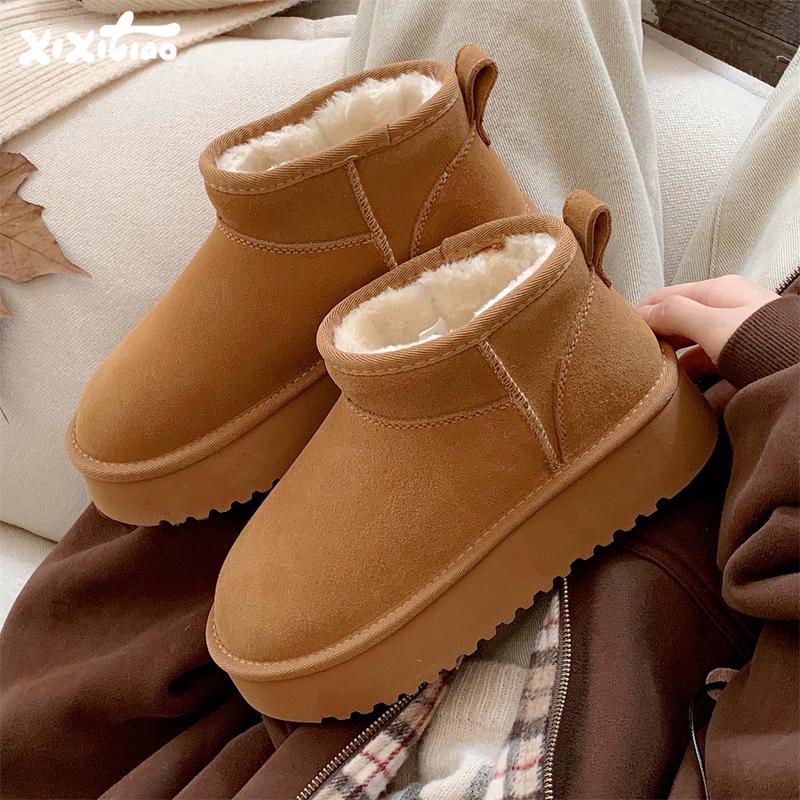 XIXITIAO Snow Boots for Women,Genuine Suede Faux Fur Lining,Comfort Winter Ankle Boots Memory Foam,Waterproof Platform Boots Walking Shoes Girl