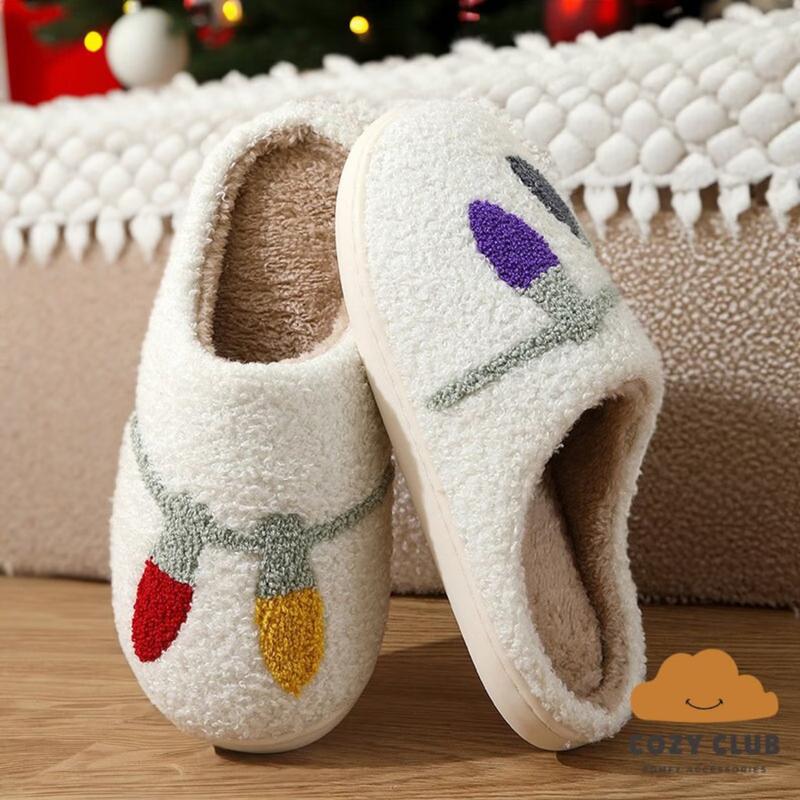 PacificPlex Womens Christmas Holiday Winter Santa Slippers FA LA LA String Lights Retro Plush Warm Slip-on Happy Face Smiley christmas slipper Women's Plush flat slipper