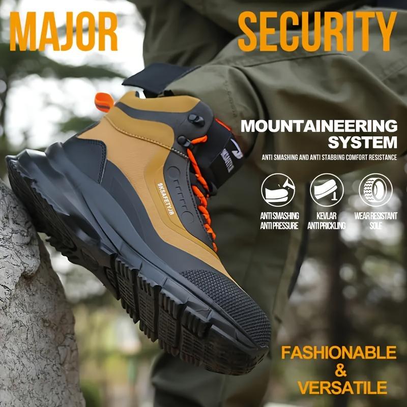 Men's Steel Toe Work Boots - Trendy & Durable, All-Season Outdoor Hiking Safety Shoes with Anti-Ligation Puncture-Proof Midsole, Geometric Pattern, Lace-Up Closure, Round Toe Cap, Synthetic Leather Upper & Rubber Sole