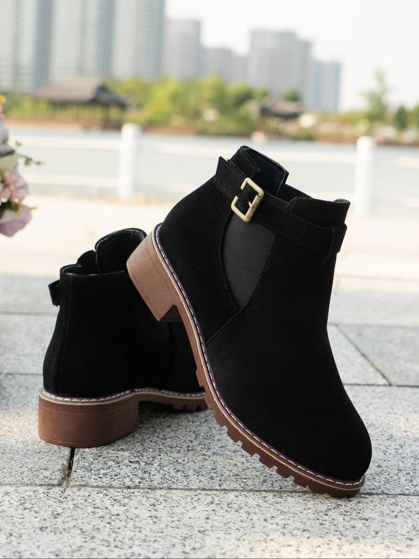 Women's Fashionable Solid Color Belted Design Ankle Boots, Casual Comfortable Round Toe Boots for Daily Wear, All Match Boots for Women & Girls