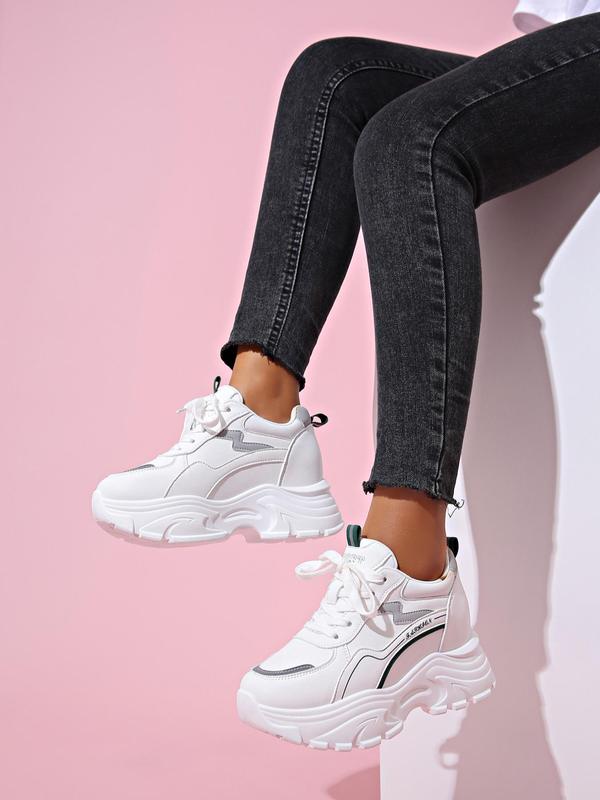 Women's Fashion Letter Detail Patched Design Lace Up Front Low Top Platform Chunky Sneakers, Casual Comfortable Sports Shoes For Daily Wear