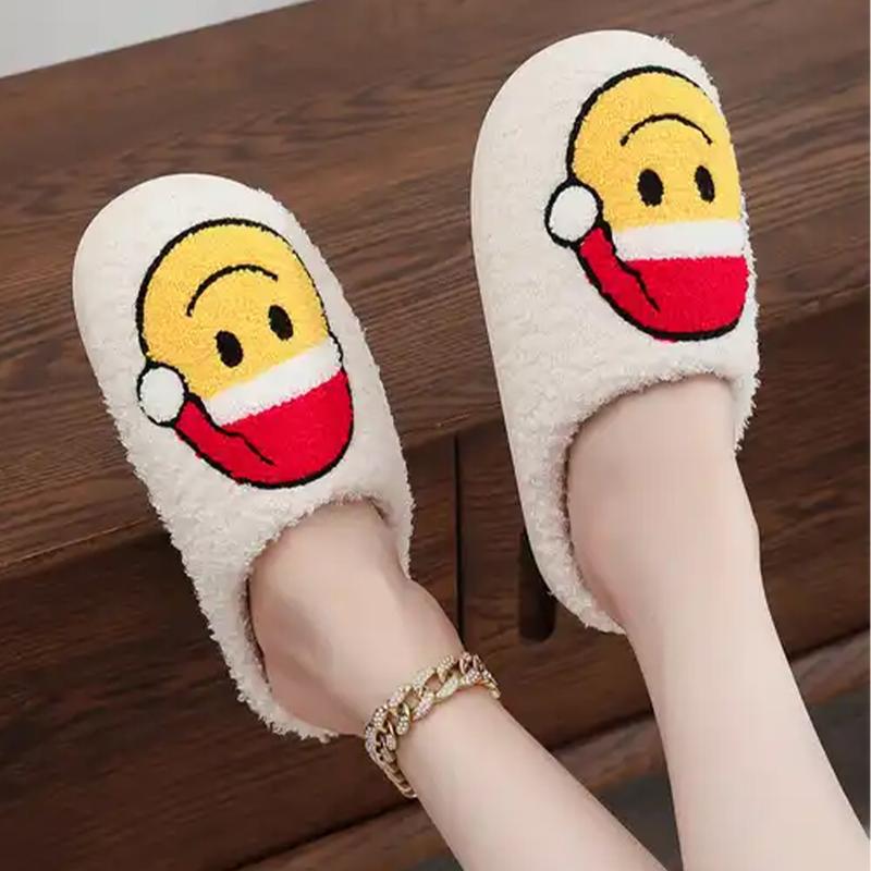 PacificPlex Womens Christmas Holiday Winter Santa Slippers FA LA LA String Lights Retro Plush Warm Slip-on Happy Face Smiley christmas slipper Women's Plush flat slipper