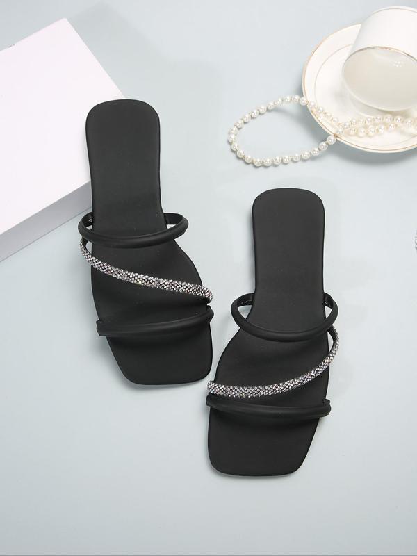 Women's Elegant Rhinestone Decorated Slip on Flat Sandals, French Style Open Toe Sandals, Fashionable Sandals for Beach Vacation, Casual Summer Shoes