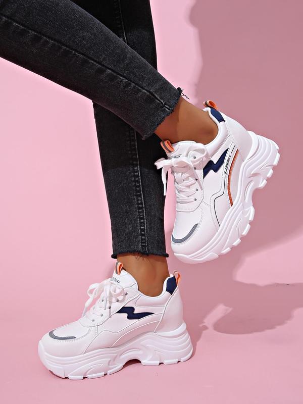 Women's Fashion Letter Detail Patched Design Lace Up Front Low Top Platform Chunky Sneakers, Casual Comfortable Sports Shoes For Daily Wear