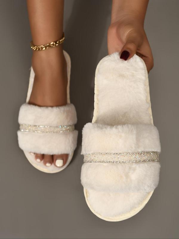 Women's Rhinestone Decorated Fluffy Slippers, Casual Soft Plush Bedroom Slippers, Warm Home Slippers for All Seasons