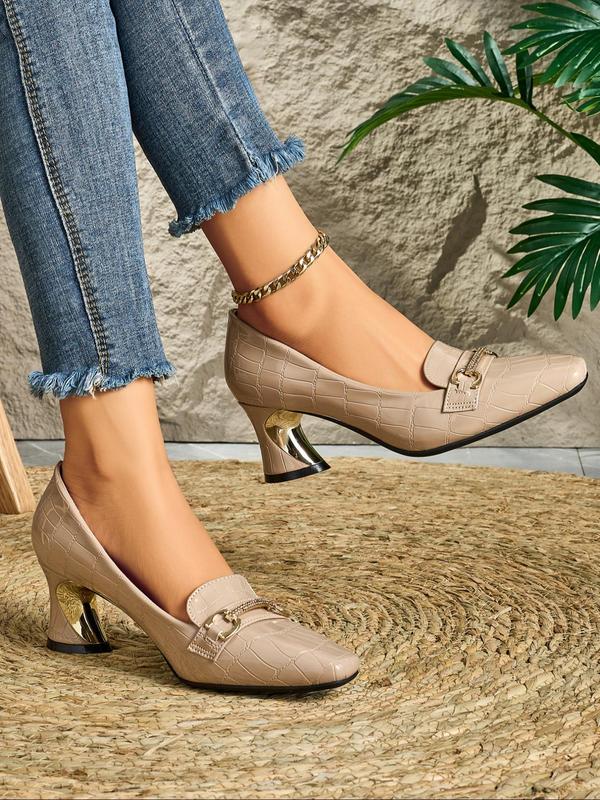 Women's Fashionable Solid Color Square Toe High Heel Shoes, Elegant Chain Decorated Slip on Pumps for Daily Wear, Casual Trendy Shoes for Party, Daily Clothing Decor