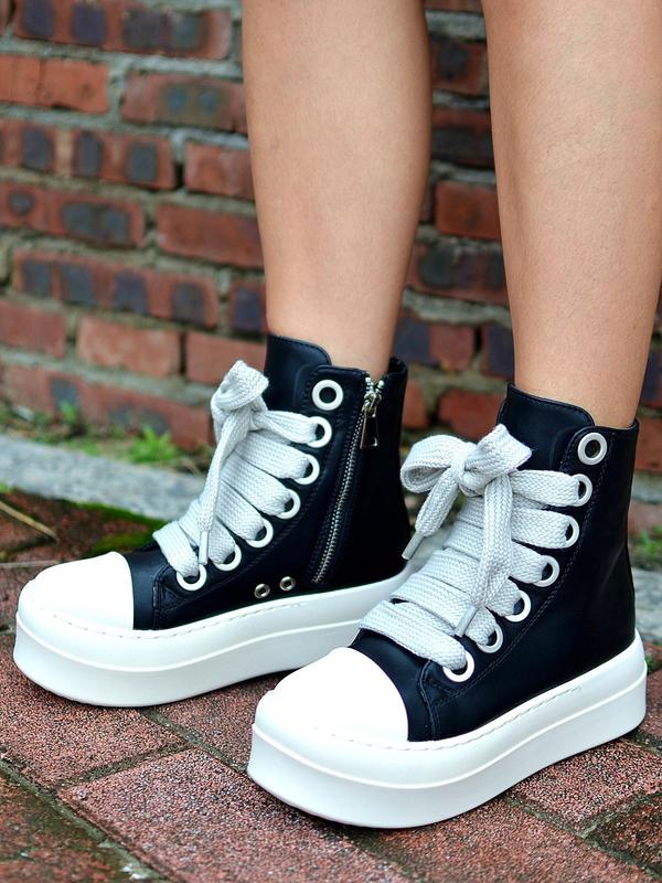 Fashion Colorblock Lace Up Design High Top Skate Shoes, Designer Shoes, Casual Sporty Side Zip Design Platform Shoes for Daily Wear, Comfortable Non-slip Shoes for Women